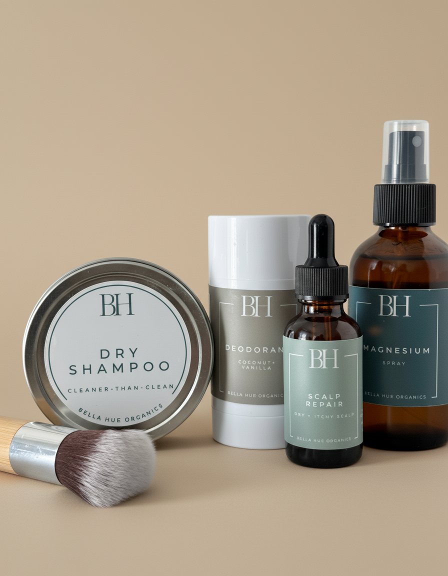 Collection of Bella Hue Organics skincare and hair care products on a white background