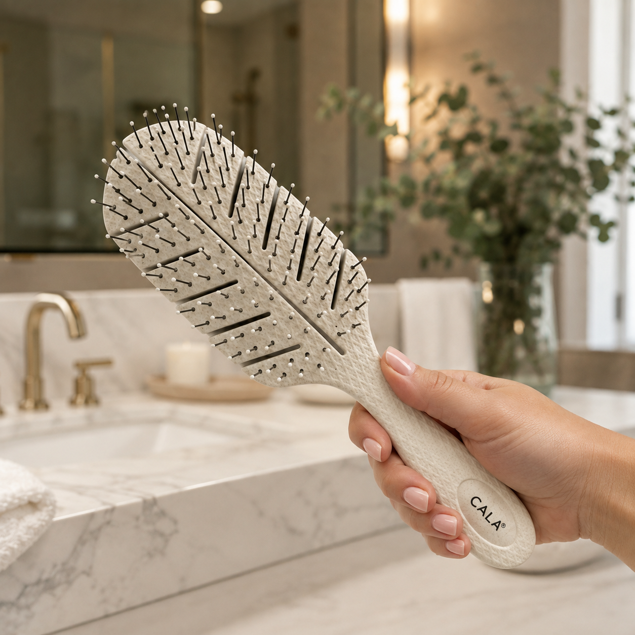 A hand holds a CALA brand feather-shaped hairbrush with a textured off-white handle and bristles, set against a blurred modern bathroom background with a marble sink and gold faucet.