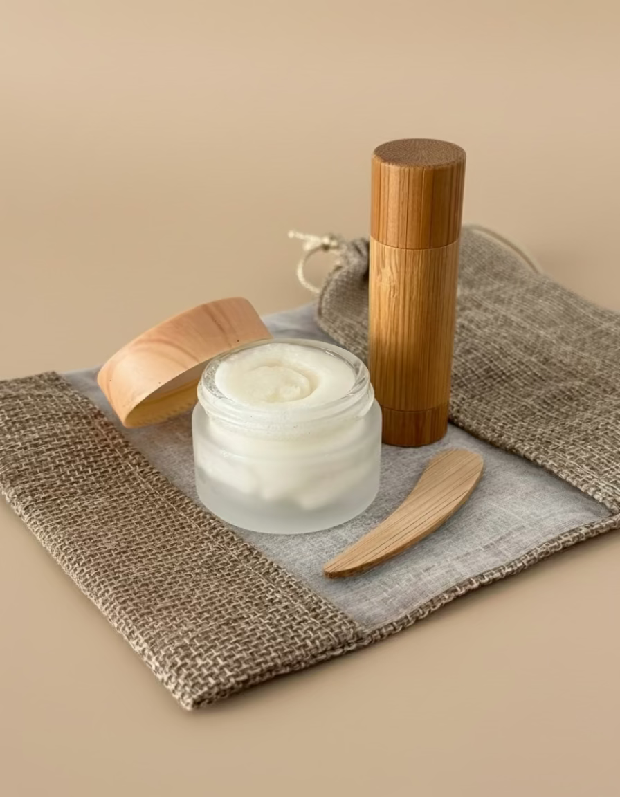 Skincare products including a jar, wooden applicator, and bamboo container on a textured surface.