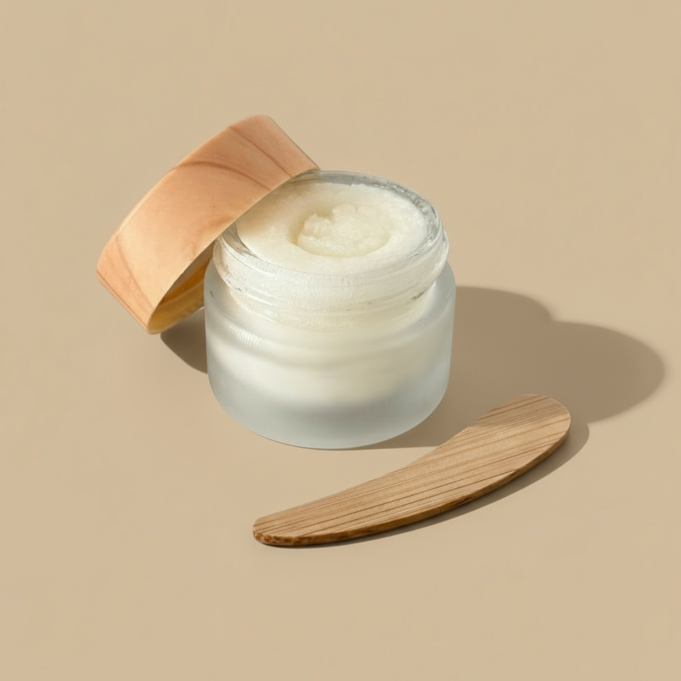 Skincare jar with wooden lid and applicator on a white background