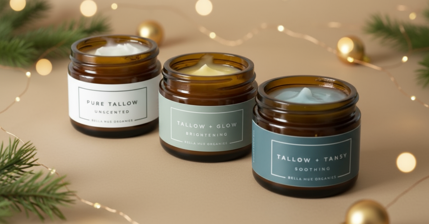 Three jars of tallow balm with labels on a white background