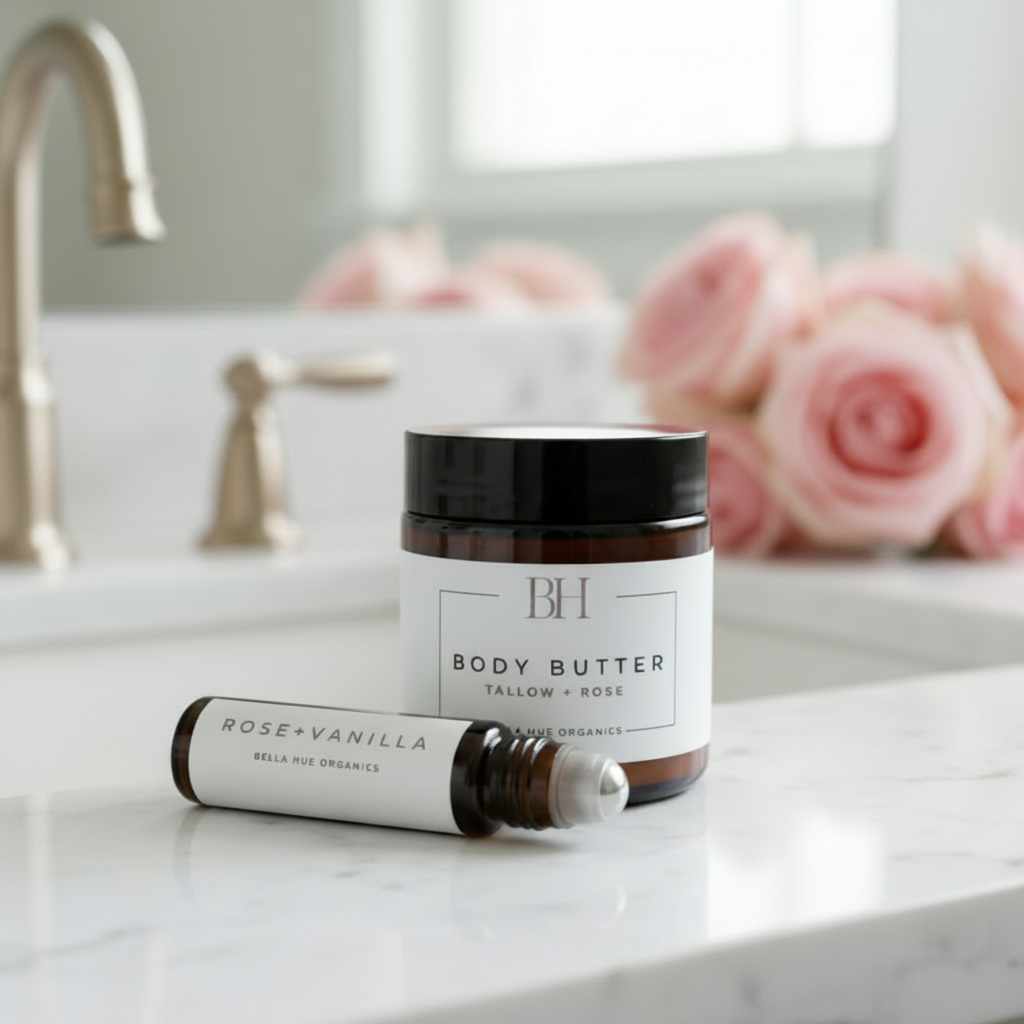 Jar of body butter and bottle of essential oil on a white background