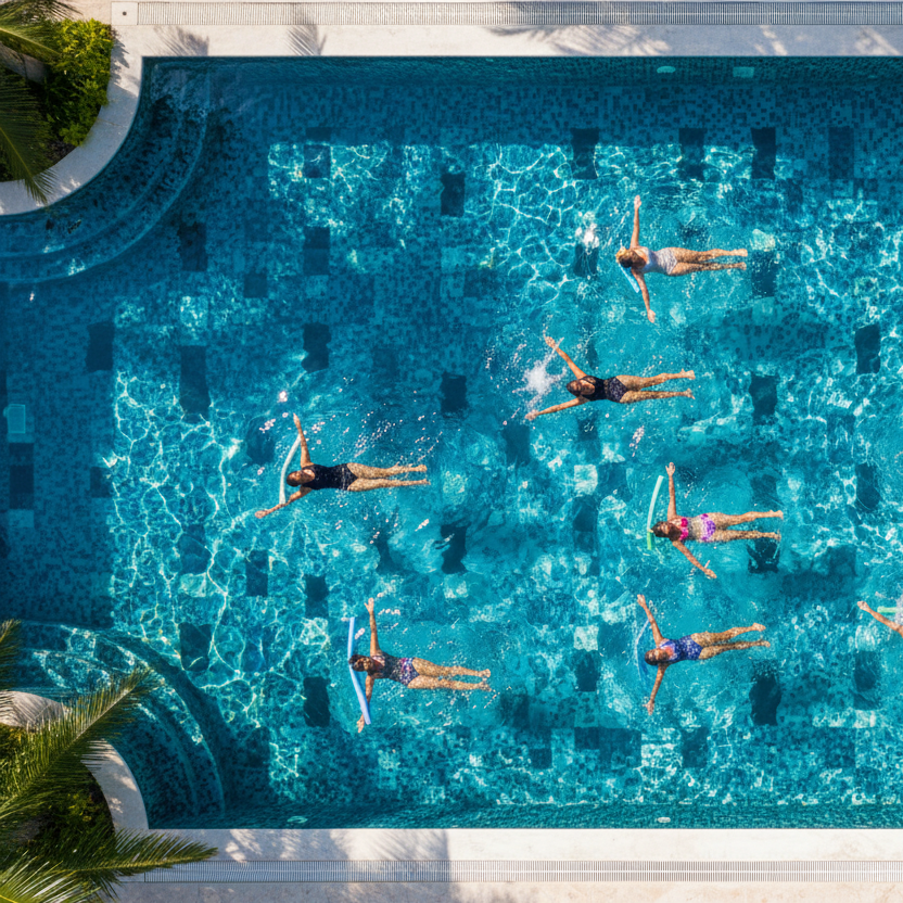 above shot of women swimming in pool